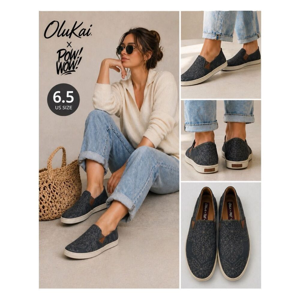 Olukai Pow! Wow! Women's Pehuea Tropical Slip-On Sneaker Shoes Gray Size 6.5